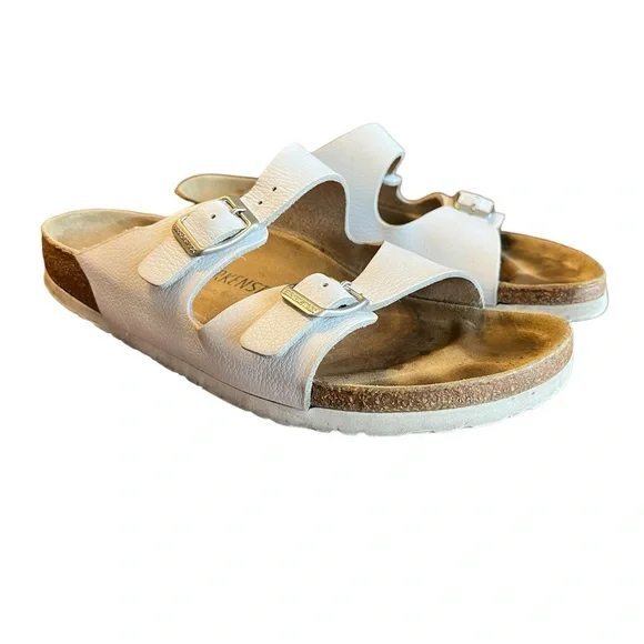 Birkenstock Two Strap Leather Sandals Cork Footbed Sz 40 (W9 M7) White - Picture 1 of 12